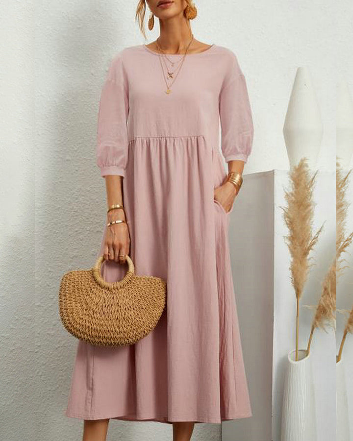 Midi dress with round neckline & lantern sleeves – Selina
