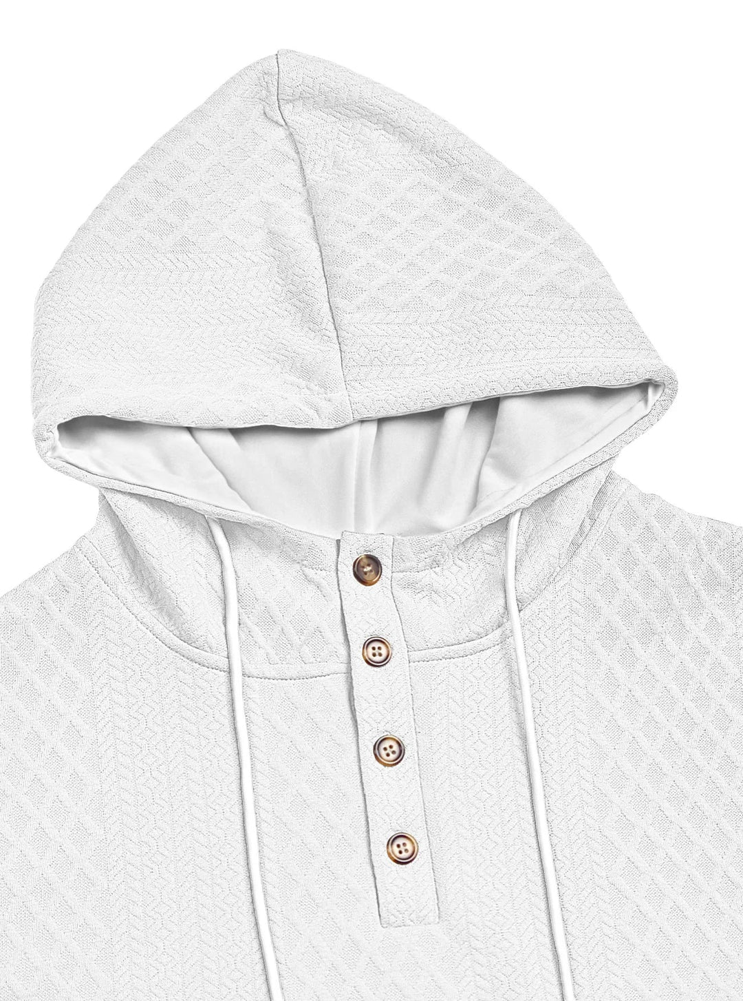 Close-up of a white hoodie's hood and four-button placket with textured diamond knit and white drawstrings 8