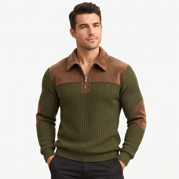 Man in the olive green ribbed pullover, turned slightly with hands in pockets, showing the half zip 8