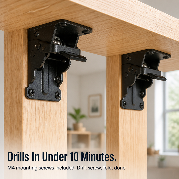 Two black folding brackets mounted under a wooden tabletop.