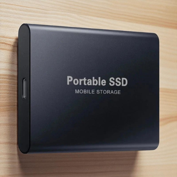 Black portable drive another view with USB-C port visible.