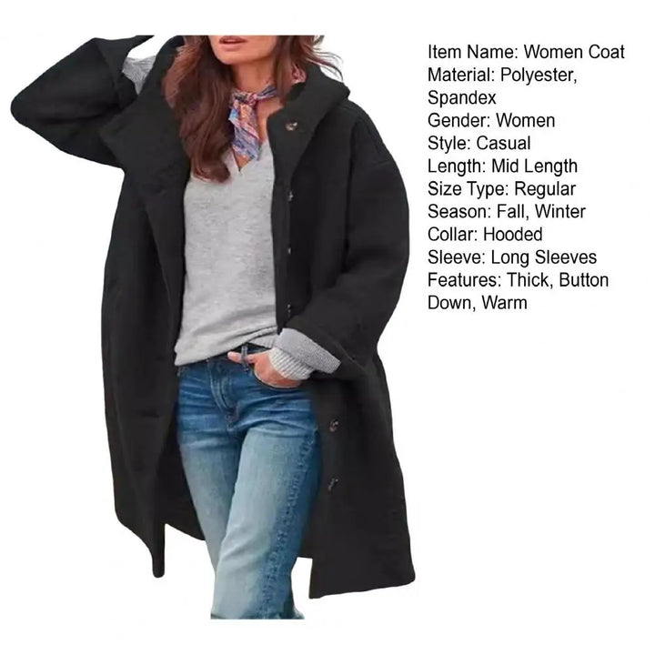 Black hooded coat on a white background beside a list of listed product specifications 8