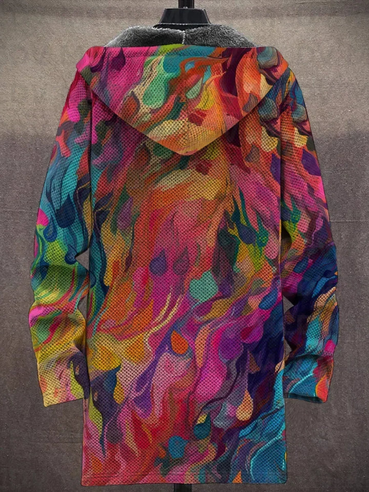 Back view of the hooded jacket on a mannequin, showing the colorful abstract melting pattern across the hood and back 8