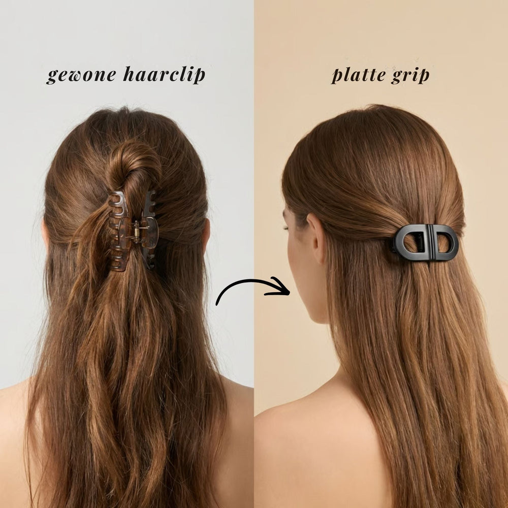 Flat Grip Magnetic Hair Clip detail showing a slim black clip sitting flush next to a regular claw clip.