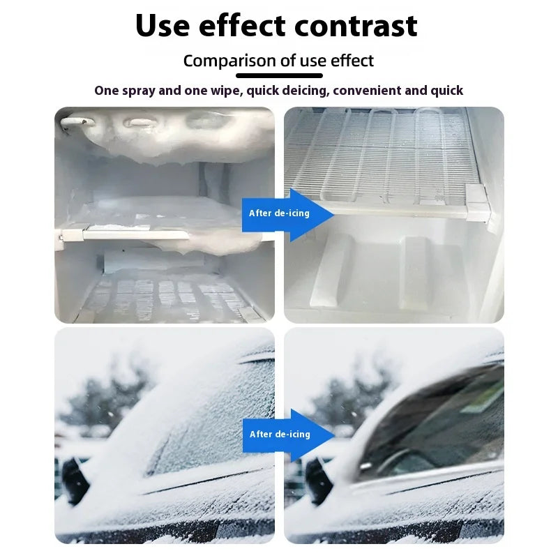 Before and after comparison of an iced freezer interior and a snow-covered car window, both cleared 8