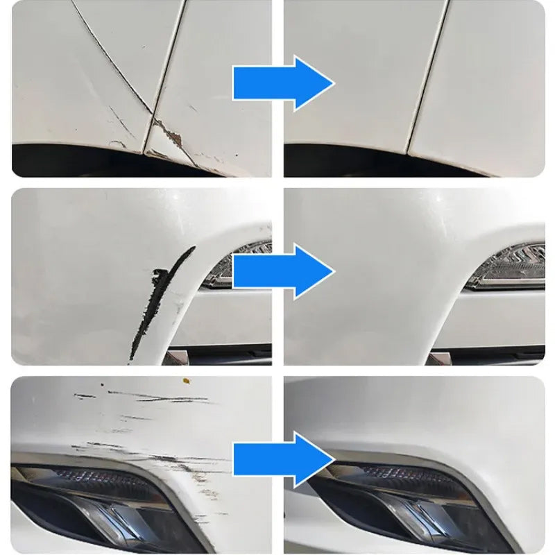 Three before-and-after pairs on white car panels with blue arrows, showing door seam scratches, a black scuff and bumper scrapes removed. 8