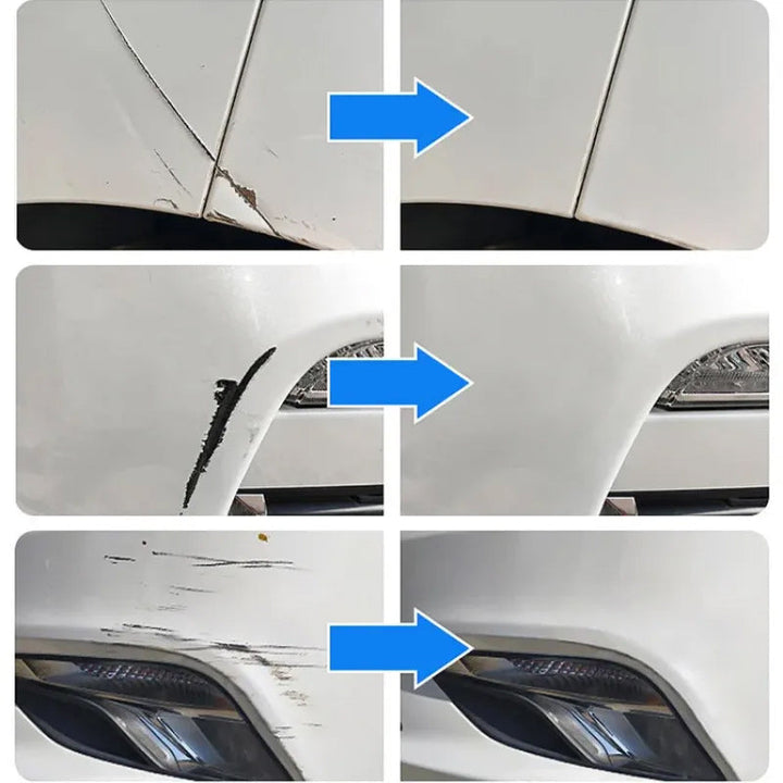 Three before-and-after pairs on white car panels with blue arrows, showing door seam scratches, a black scuff and bumper scrapes removed. 8