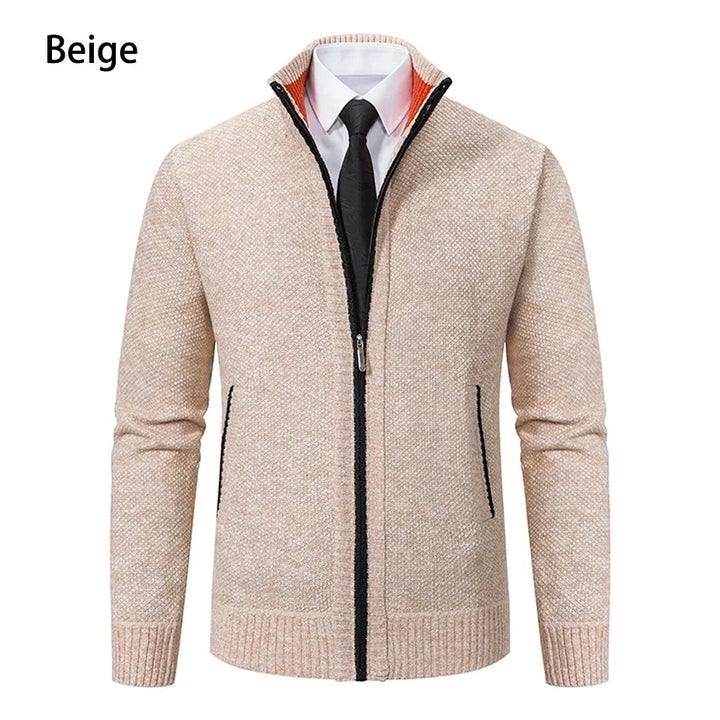 Beige zip cardigan in straight front view with black zipper edging and orange collar lining 8