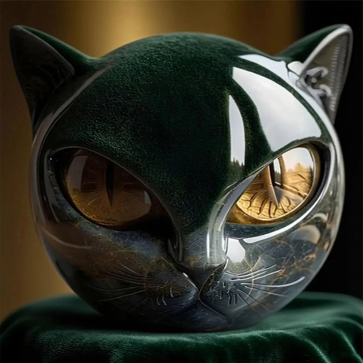 Cat head figurine with a dark green velvety top half, resting on green velvet fabric 8