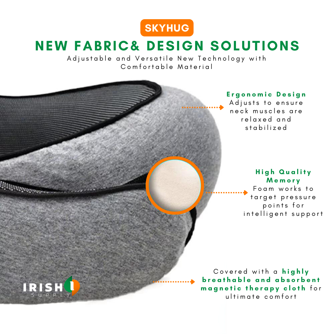 Gray front-support travel neck pillow with teal lining, close-up of the fabric and foam.