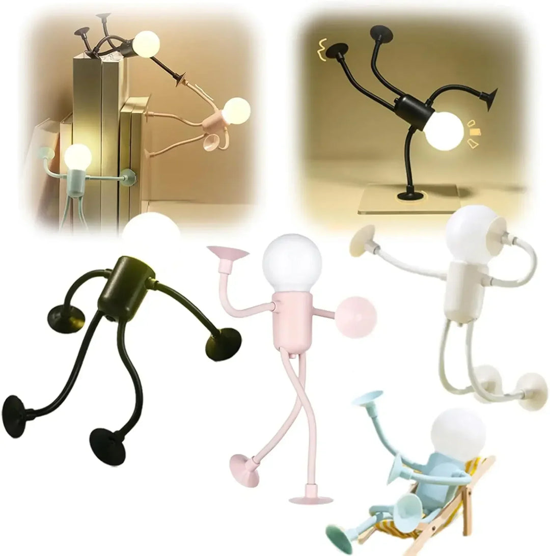 Collage of black, pink, cream and blue figure lights in varied poses, including one lounging in a tiny deck chair 8