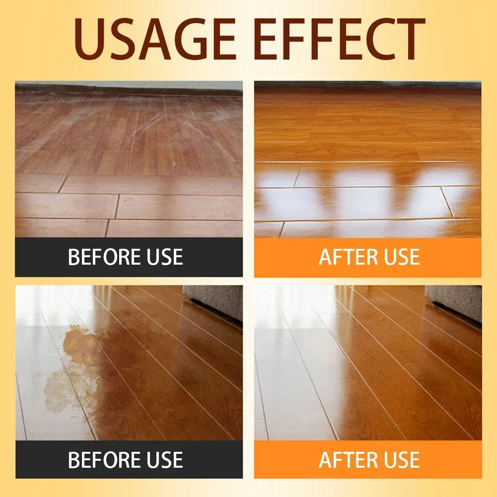 Four before and after comparisons of wood floors that look dull and stained, then glossy and even 8