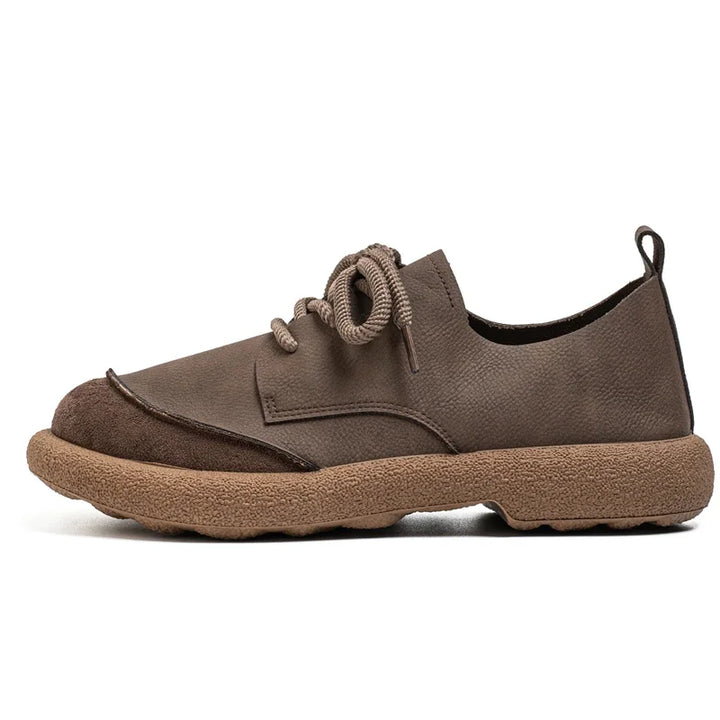 Side view of a brown lace-up shoe with suede toe cap and tan sole 8