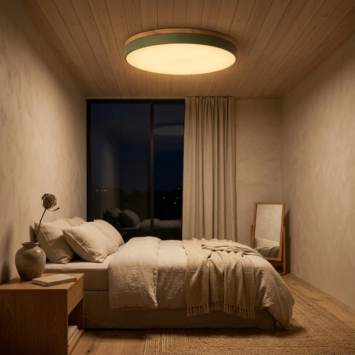 Green disc ceiling light with wood trim lit warm in a cozy evening bedroom with a wood-paneled ceiling and linen bedding. 4