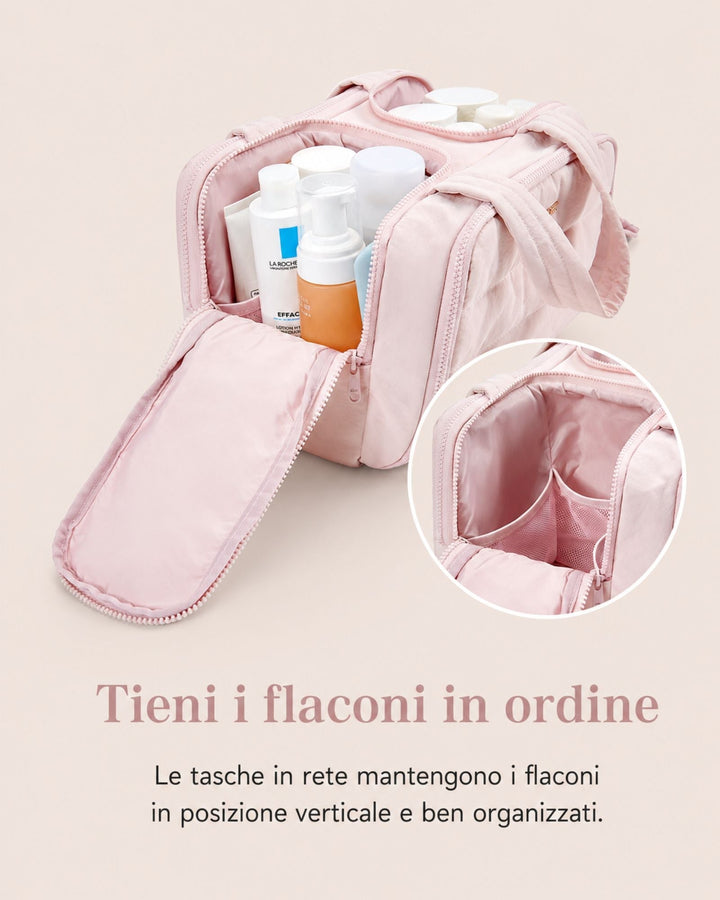 Pink bag with front pocket unzipped, showing upright toiletry bottles held in mesh pockets.