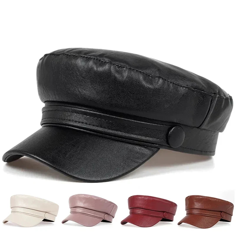 Black cap in the foreground with cream, pink, red and brown versions lined up below 8