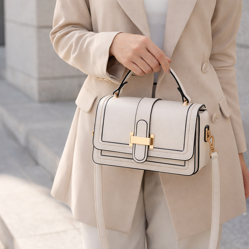 Model in a beige blazer holding the cream bag by its top handle, strap hanging down. 2