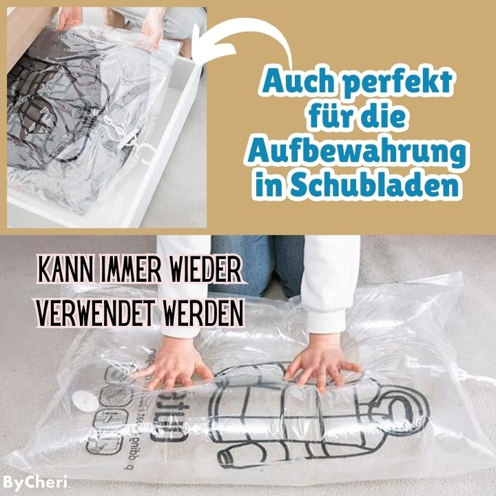 Another view of a flat clear bag with garments inside.