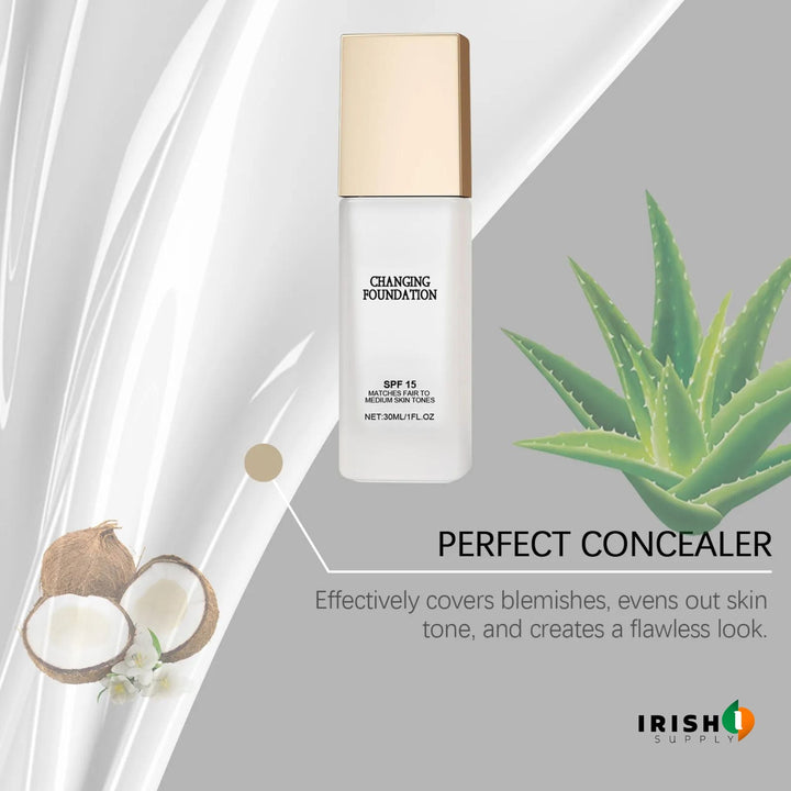 Foundation bottle surrounded by aloe leaves and halved coconuts, with a perfect concealer caption and a beige color dot.