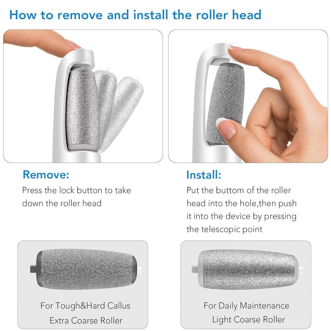 Two-step guide showing how to remove and install the roller head, with extra coarse and light coarse rollers 4