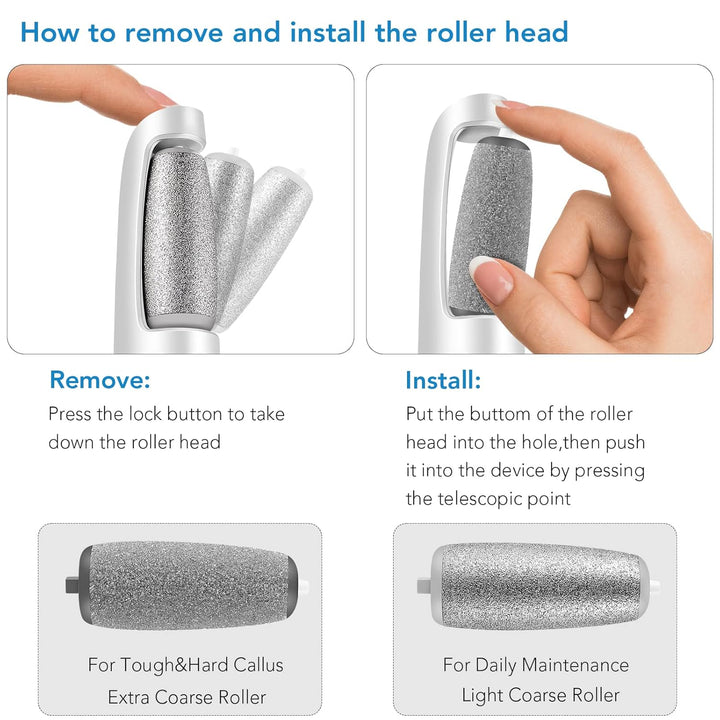 Two-step guide showing how to remove and install the roller head, with extra coarse and light coarse rollers 4