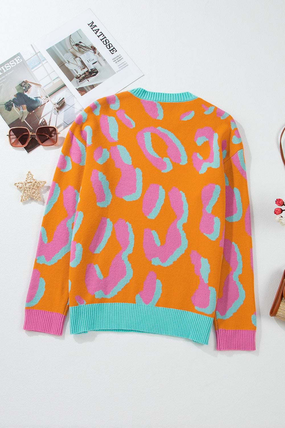 Ladies' Sweater With Color Block Leopard Print And Round Neck - Liora