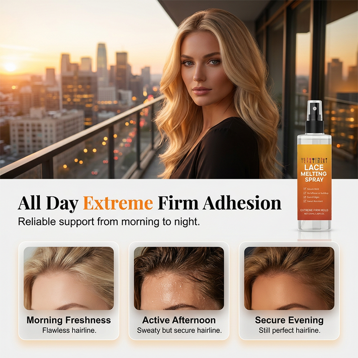Blonde woman on a city balcony beside the spray bottle with three hairline close-ups.