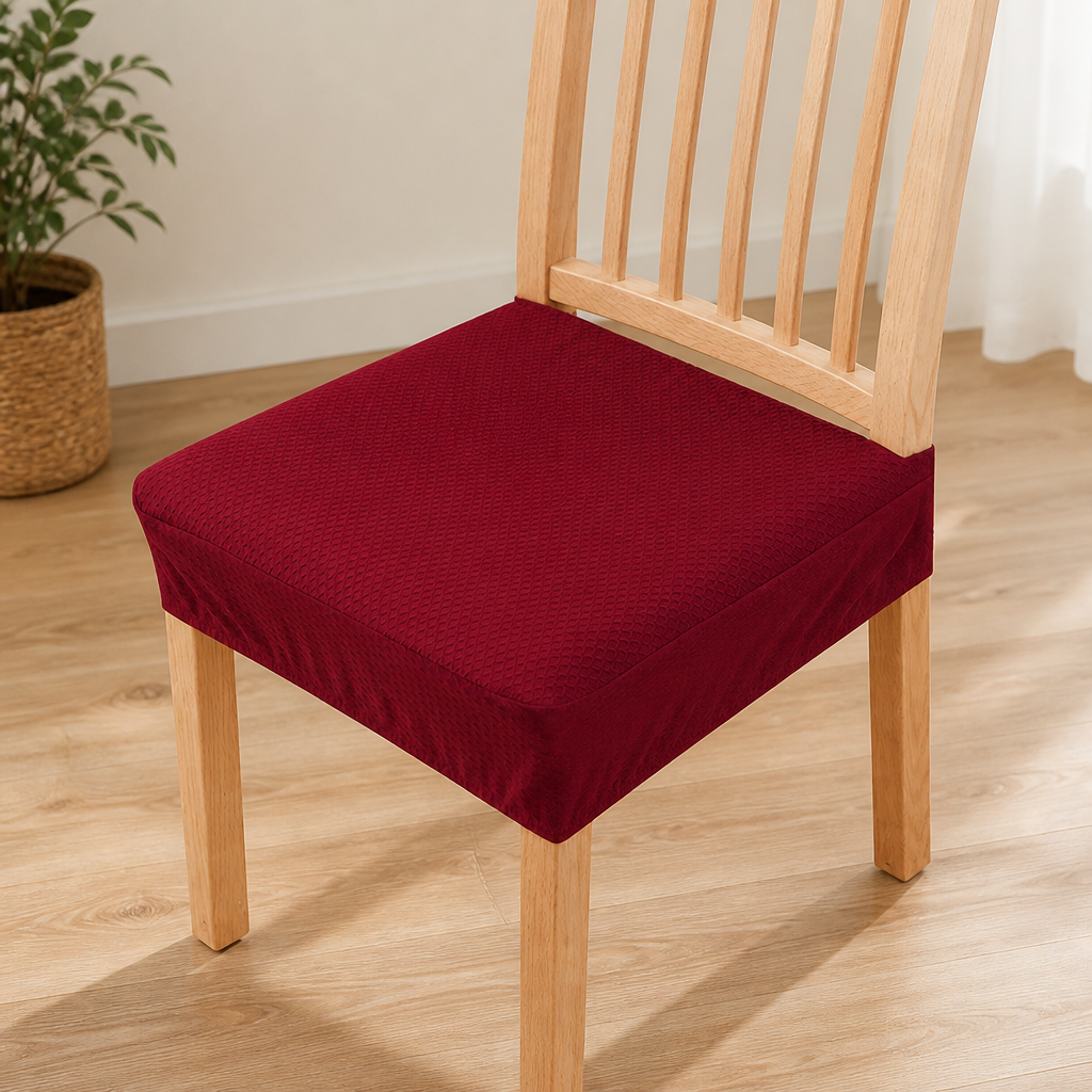 Burgundy red diamond-textured seat cover on a light wood chair, another view.