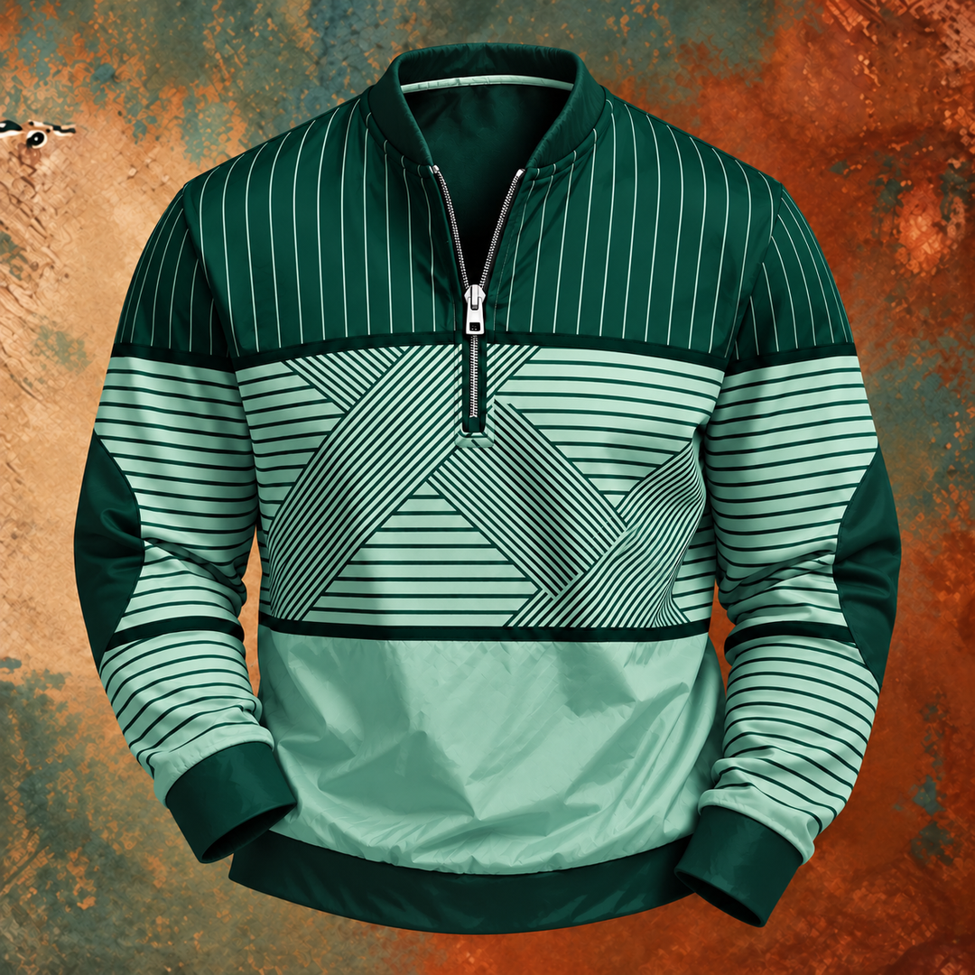 Dark green and mint version of the striped half-zip pullover with elbow patches and silver zipper 6