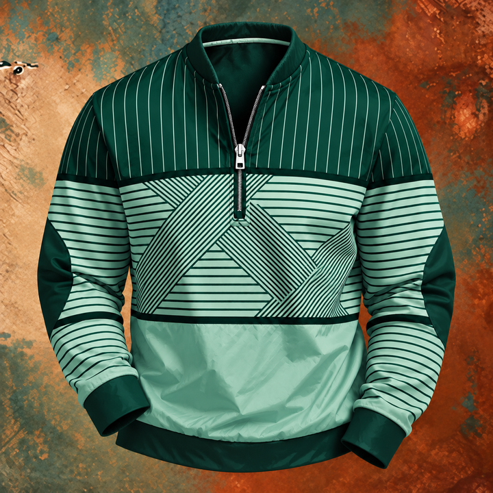 Dark green and mint version of the striped half-zip pullover with elbow patches and silver zipper 6