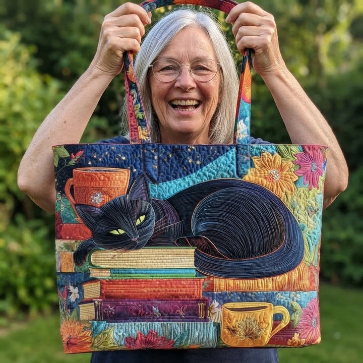 Another view of the Black Cat with Books & Cups tote bag with floral handles