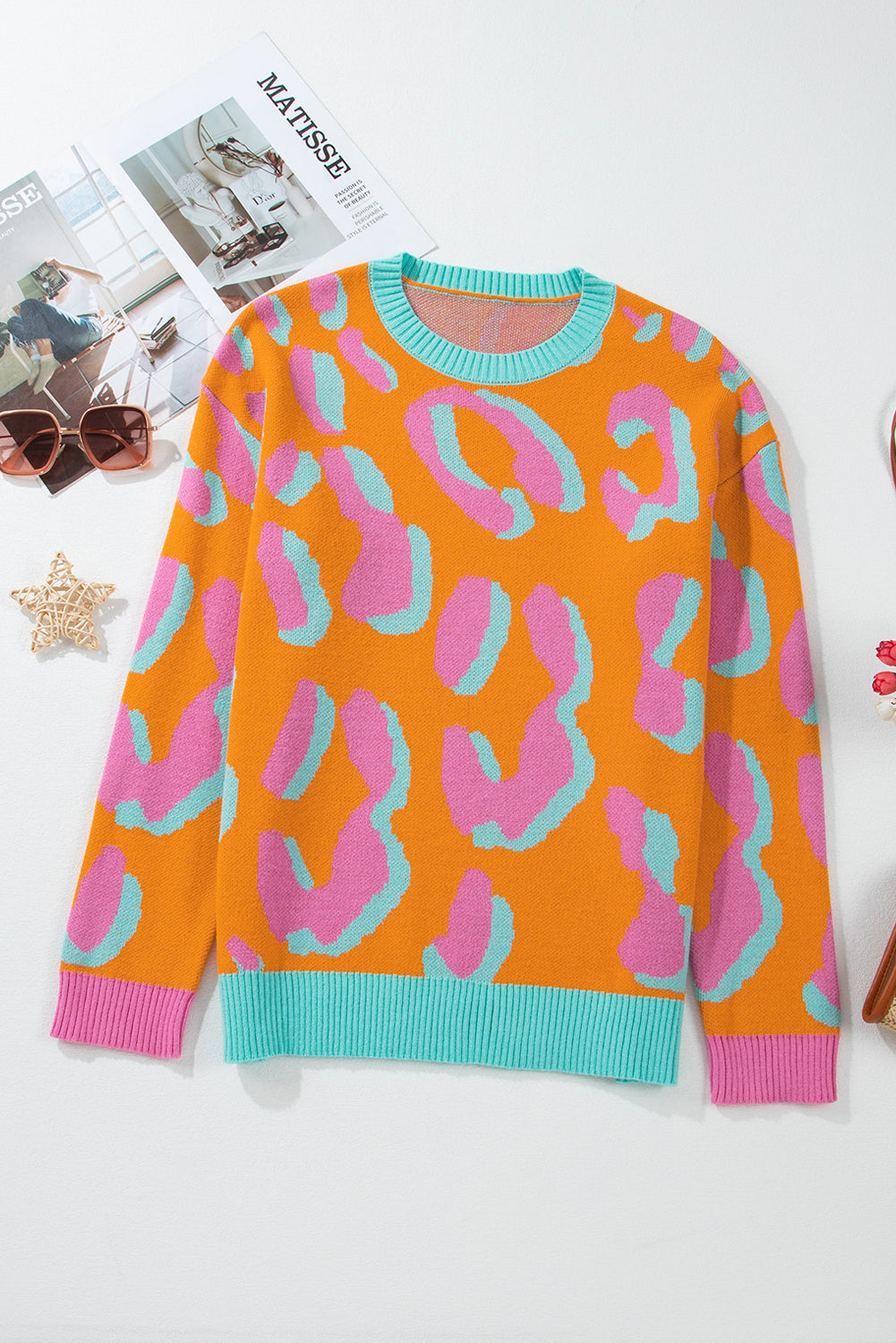 Ladies' Sweater With Color Block Leopard Print And Round Neck - Liora