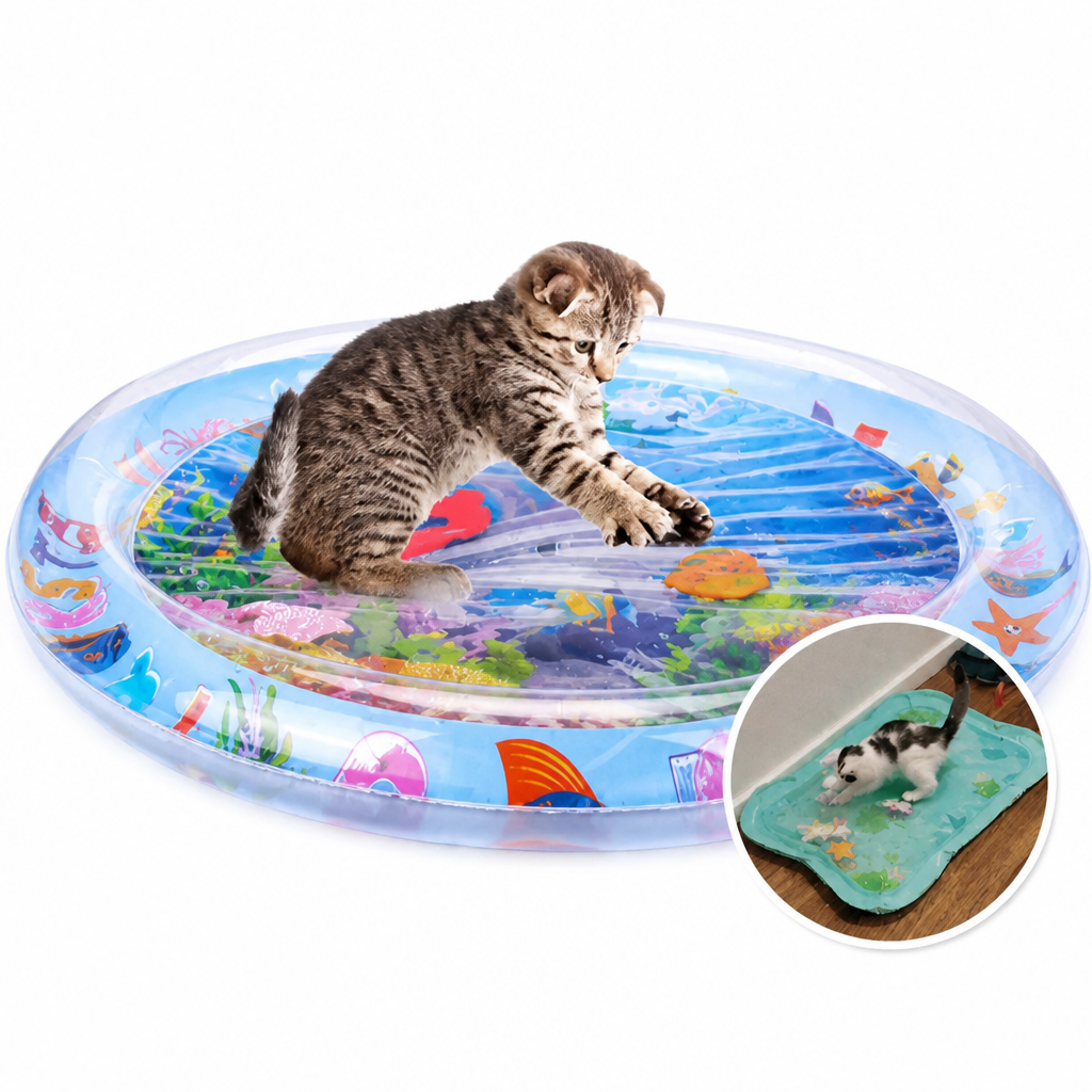 Cat Water Play Mat detail with a kitten pawing at the round water mat on white.
