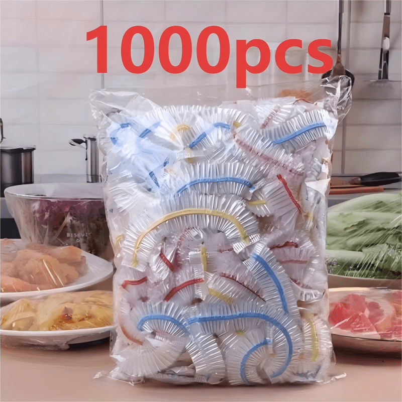 Another view of the bag of colorful-banded covers on a kitchen counter
