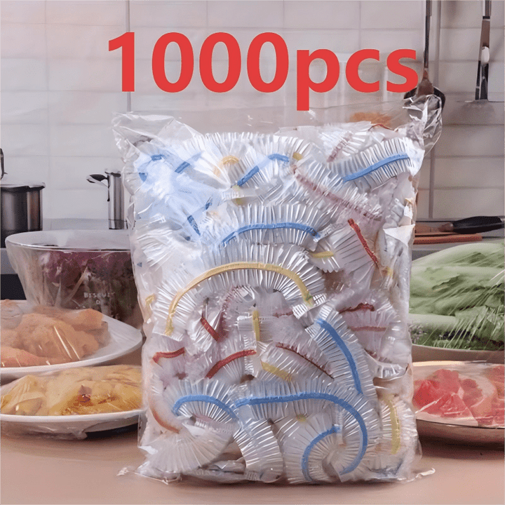Another view of the bag of colorful-banded covers on a kitchen counter
