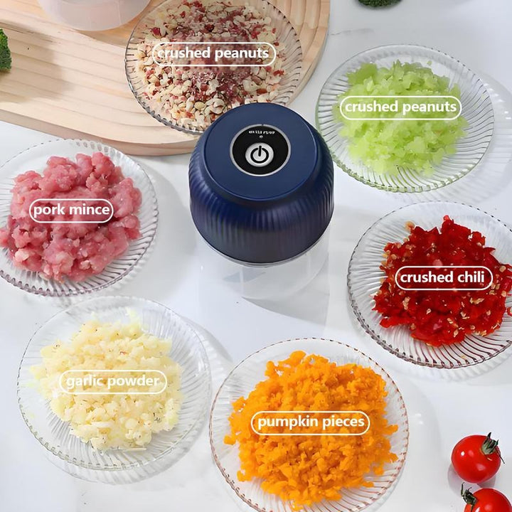 USB Rechargeable Mini Food Chopper another view surrounded by crushed peanuts, celery, pork mince, chili, garlic and pumpkin pieces.