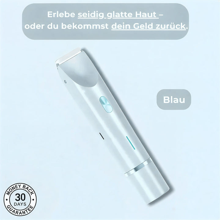 Another view of the same slim shaver in a pale blue version with a white blade, a teal button and a teal indicator light.