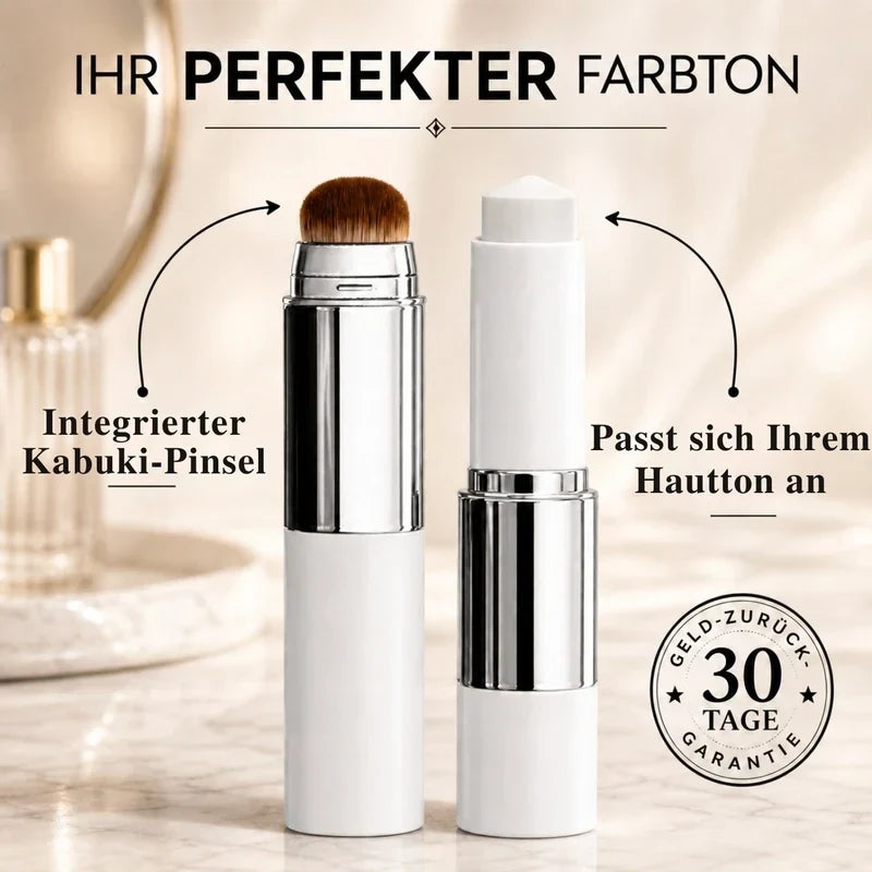 Color-Adjusting 2-in-1 Foundation two sticks side by side, one with the kabuki brush and one showing the white foundation tip.