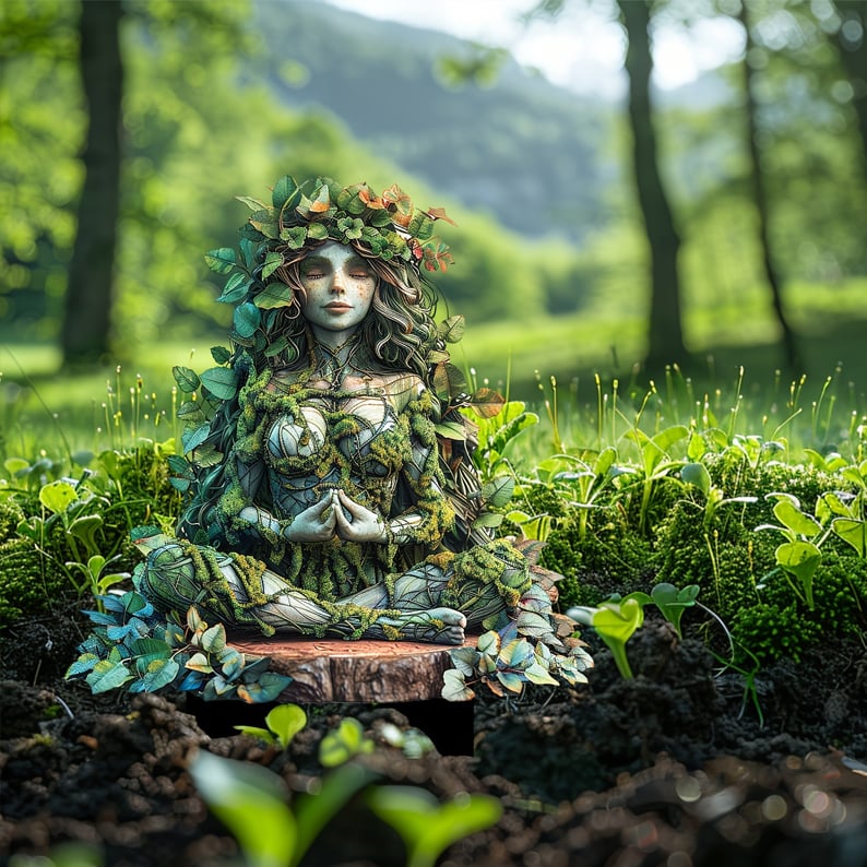 Meditating forest spirit figure with closed eyes and a leafy crown, seated on a wooden base among moss and sprouts. 21