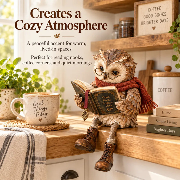 Beige and brown owl figurine with glasses, book, scarf and boots, another view.
