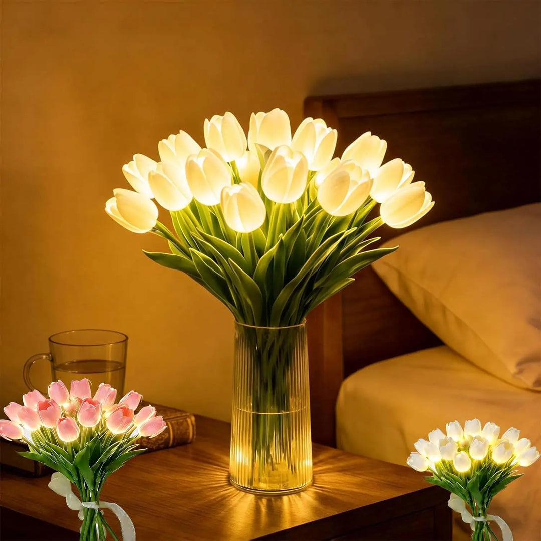 Yellow LED flower lamp on a wooden nightstand beside a bed, with inset bouquet details.