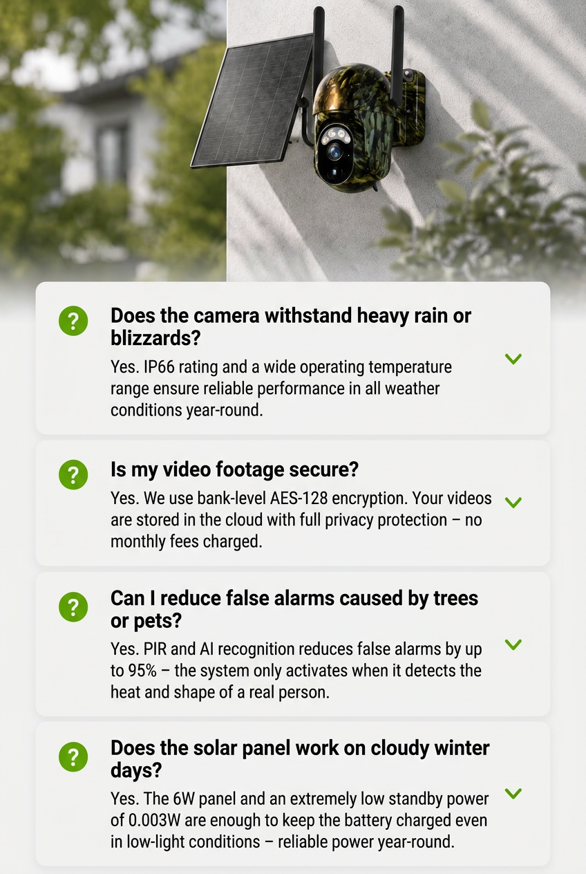 Camouflage camera and solar panel on a pale wall above four expandable question-and-answer boxes about weather, security, false alarms and solar charging.