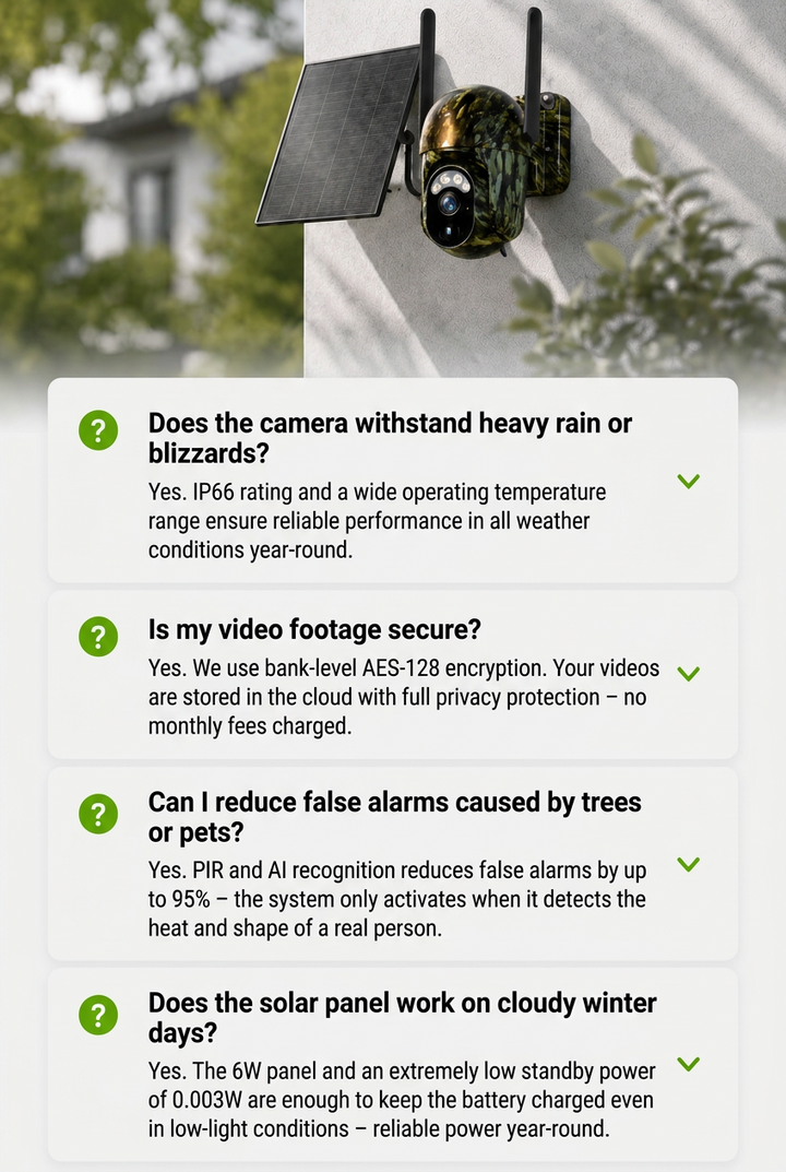 Camouflage camera and solar panel on a pale wall above four expandable question-and-answer boxes about weather, security, false alarms and solar charging.