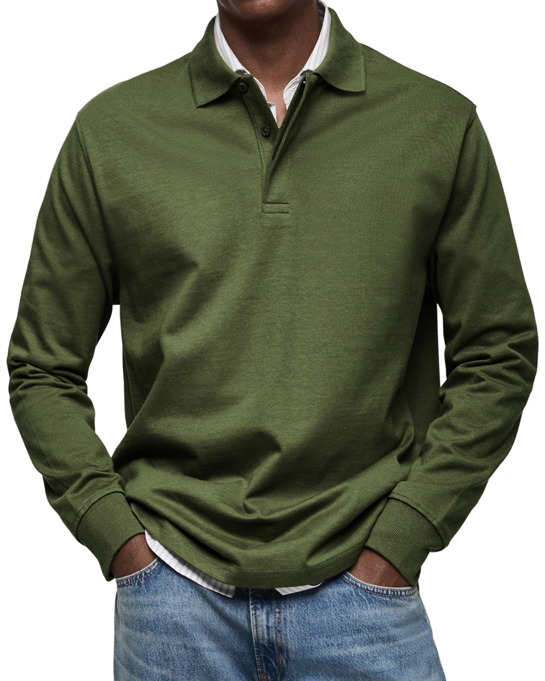 Man wearing the long sleeve polo shirt in olive green, another view.