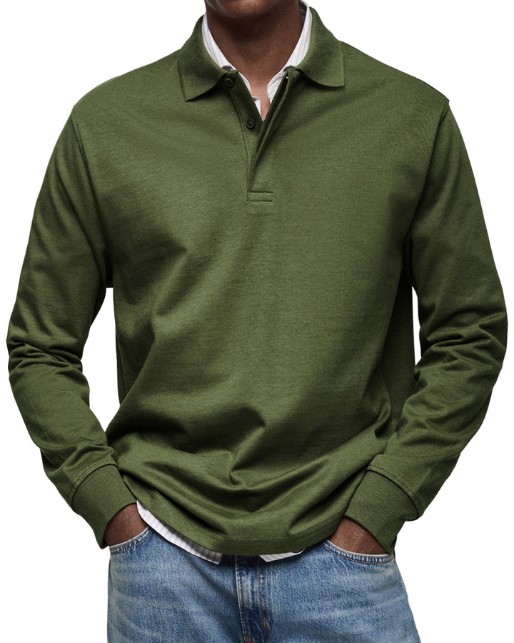 Man wearing the long sleeve polo shirt in olive green, another view.