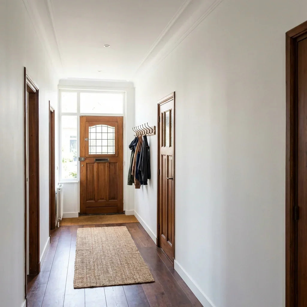 Bright hallway with white walls, wooden doors, a jute runner on a dark wood floor and coats on a wall rack. 7