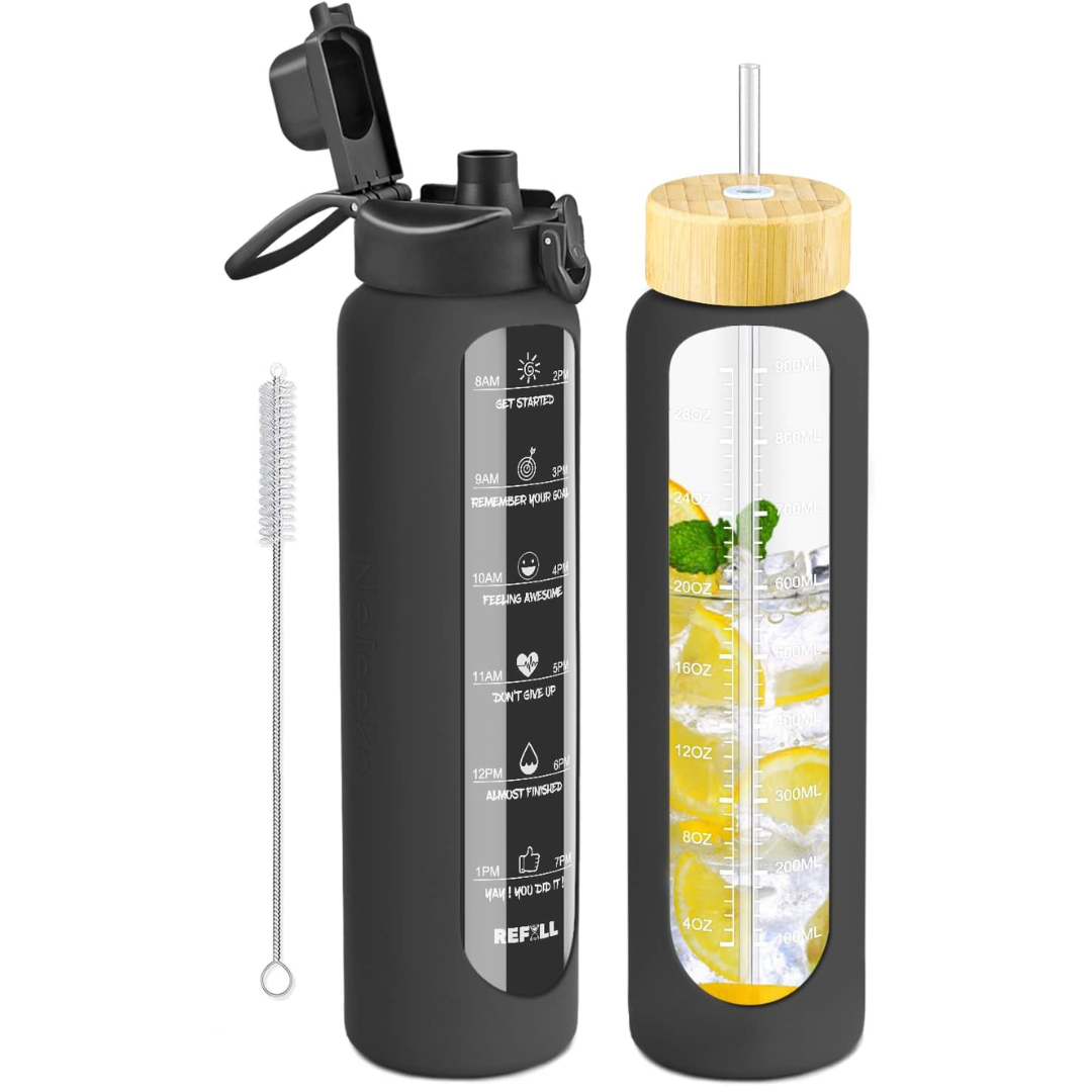 900 ml Motivational Glass Water Bottle with Straw – Leakproof, BPA-free, Reusable-Black-Nora Luxe