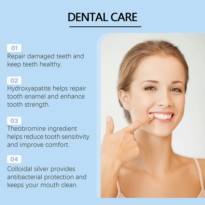 Smiling woman pointing at her teeth beside a four-point list of benefits including enamel repair, reduced sensitivity and antibacterial protection. 5