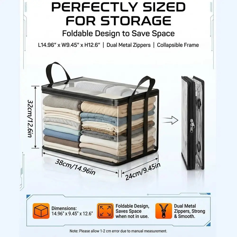 Clear storage bag detail showing the dimensions diagram and collapsed flat form.