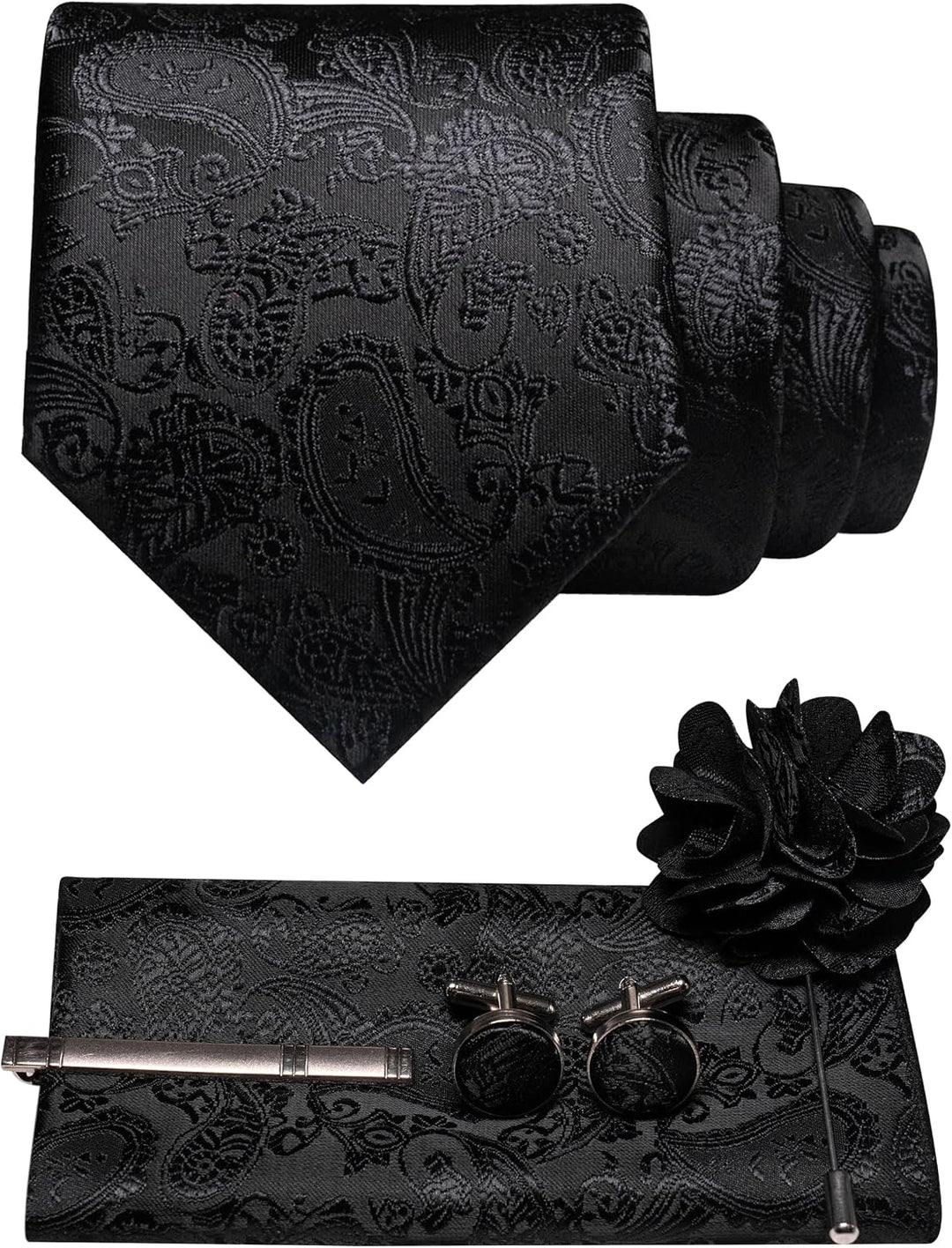 Black tone-on-tone paisley tie set with pocket square, cufflinks, silver tie clip and flower pin 37